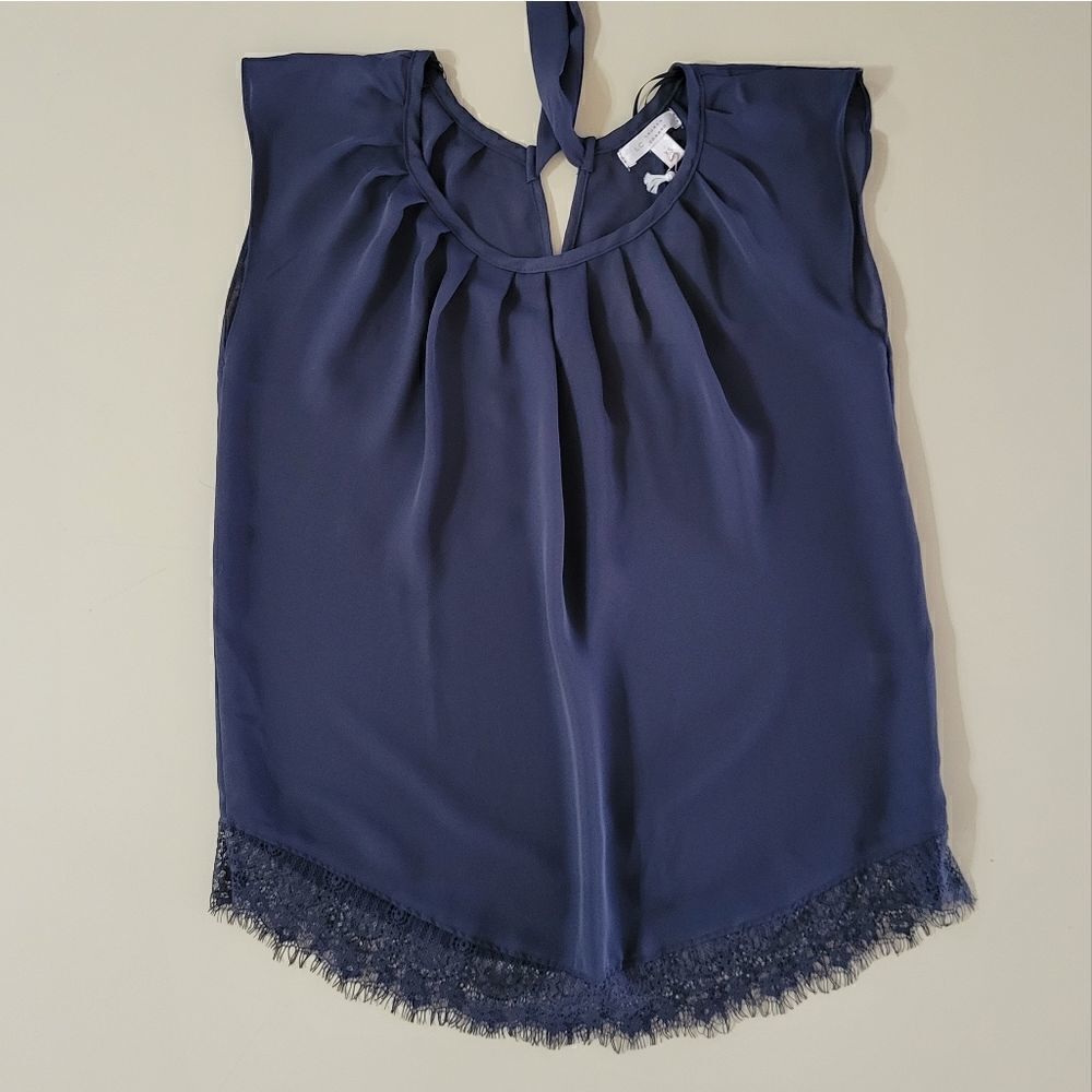 LC Lauren Conrad Women's Navy Sleeveless Pleat Neck Blouse